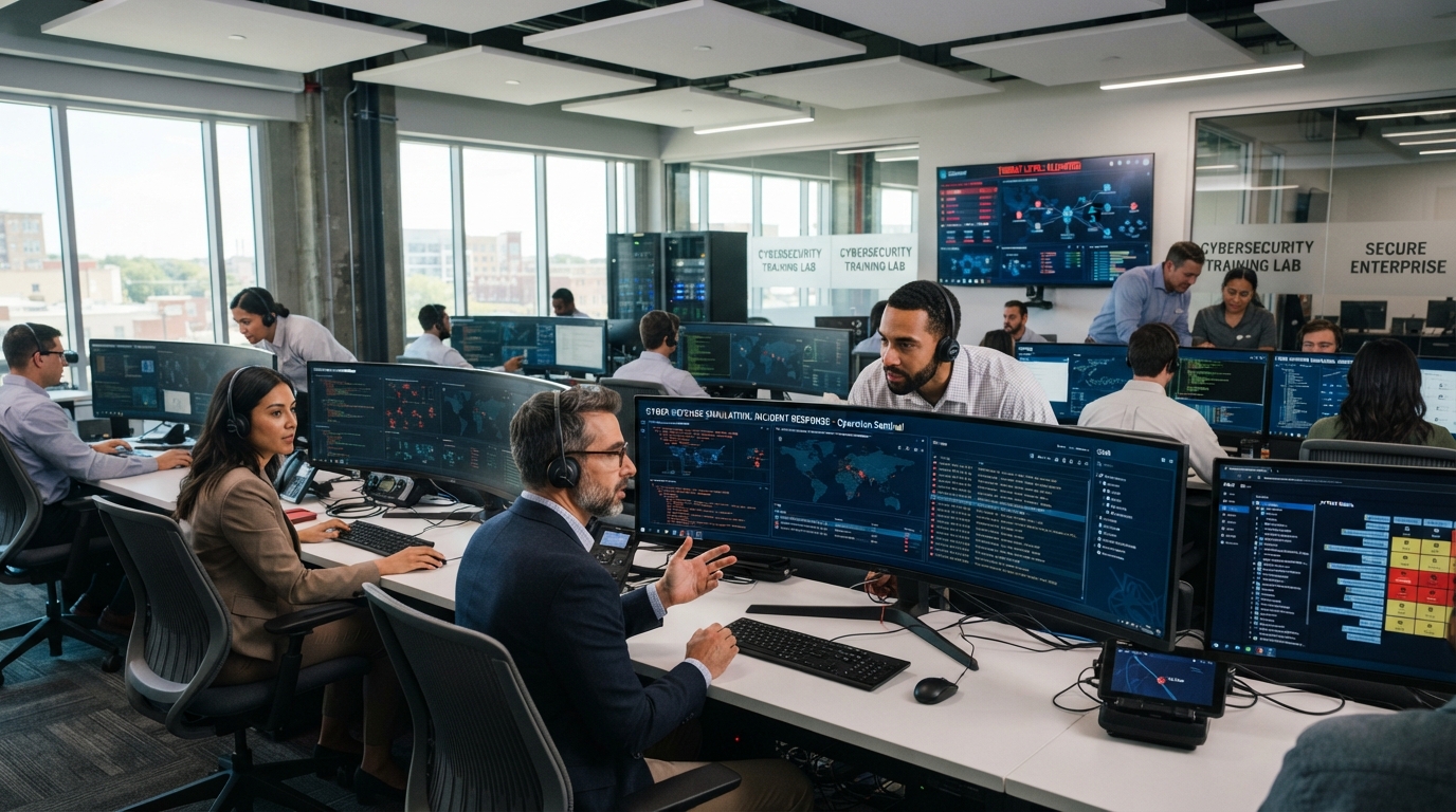 Engineers practicing cyber range exercises in a hands-on cybersecurity training laboratory