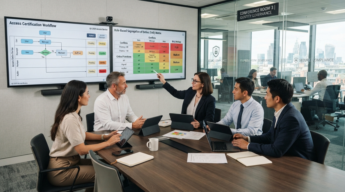 Identity governance architects and compliance specialists reviewing access certification policy