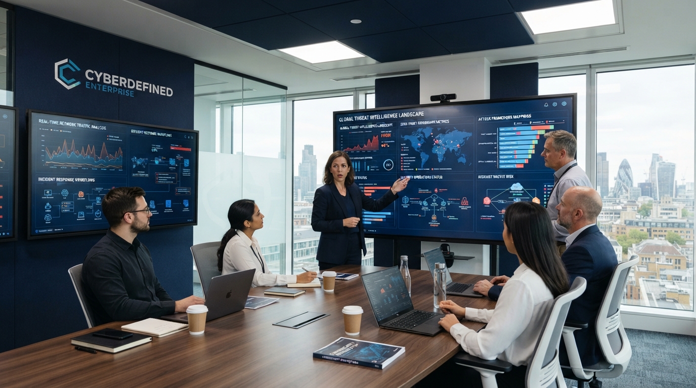 Cybersecurity research analysts and SOC practice directors reviewing a live threat dashboard