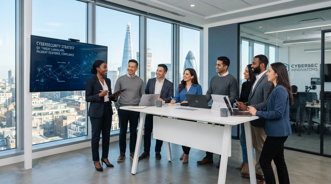 A diverse group of technology and cybersecurity professionals in an informal discussion