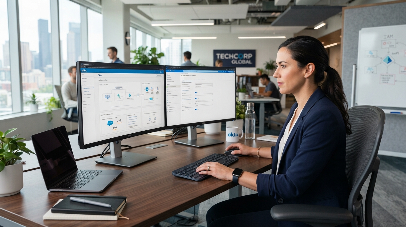 IAM architecture engineer reviewing an enterprise identity federation design