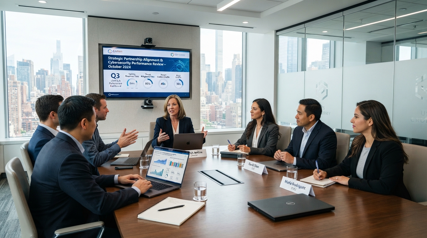 Senior enterprise client delivery director and cybersecurity practice leads in a governance review