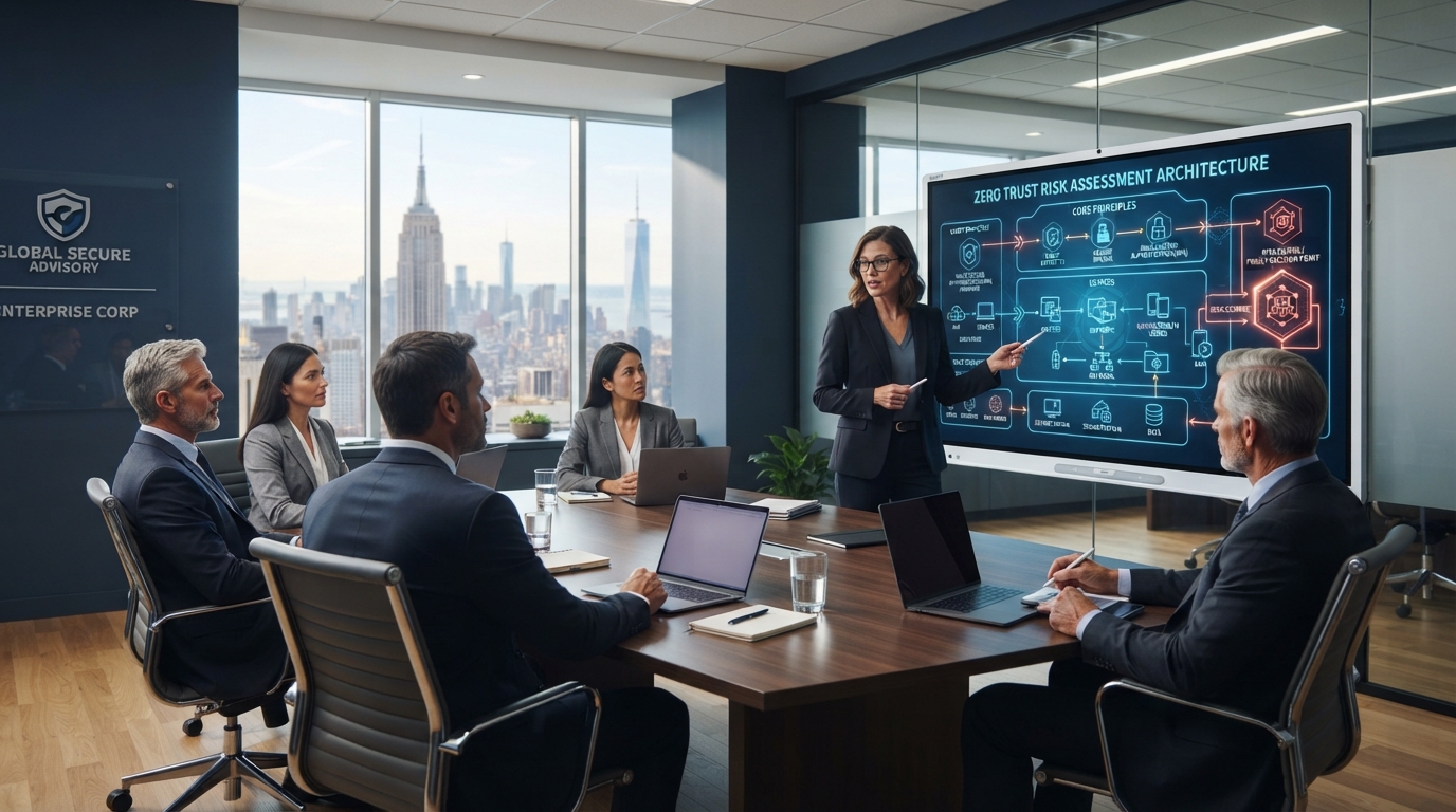Senior enterprise cybersecurity advisory consultant presenting a zero-trust architecture roadmap