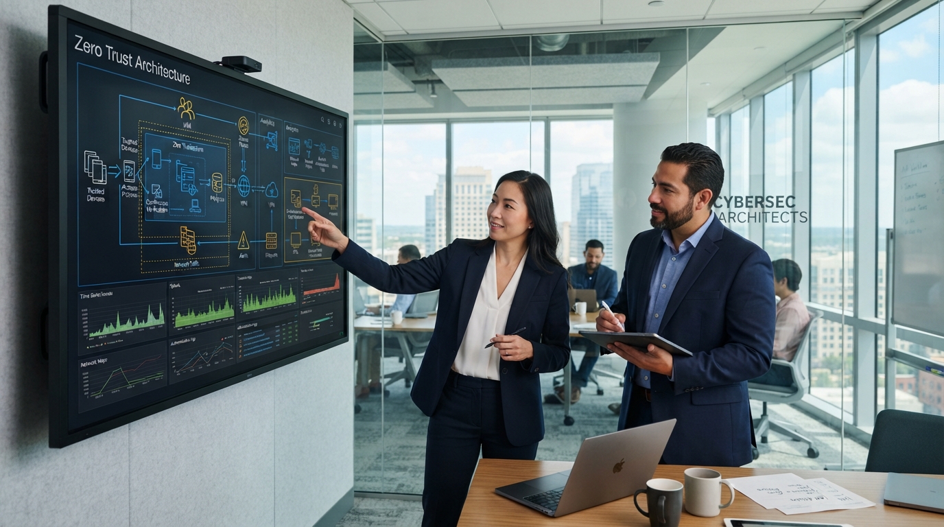 Two enterprise cybersecurity architects examining a complex identity and access architecture diagram